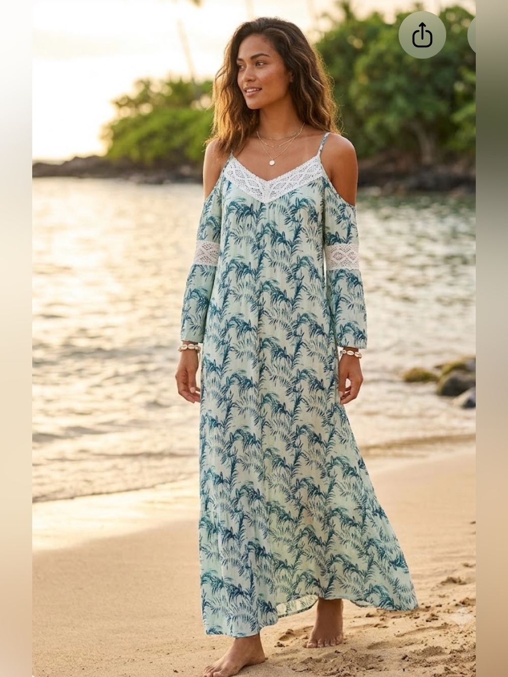 Tiare Hawaii Cold Shoulder Crochet Lace Palm Print Maxi Dress Size S/M